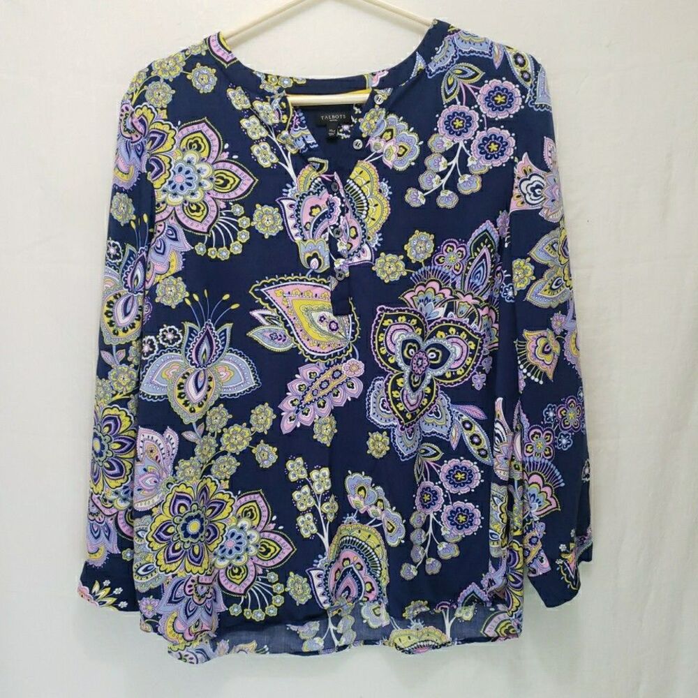 Talbots XLp Navy Blue Multi Color Paisley Floral Rayon Split Neck Blouse Top
